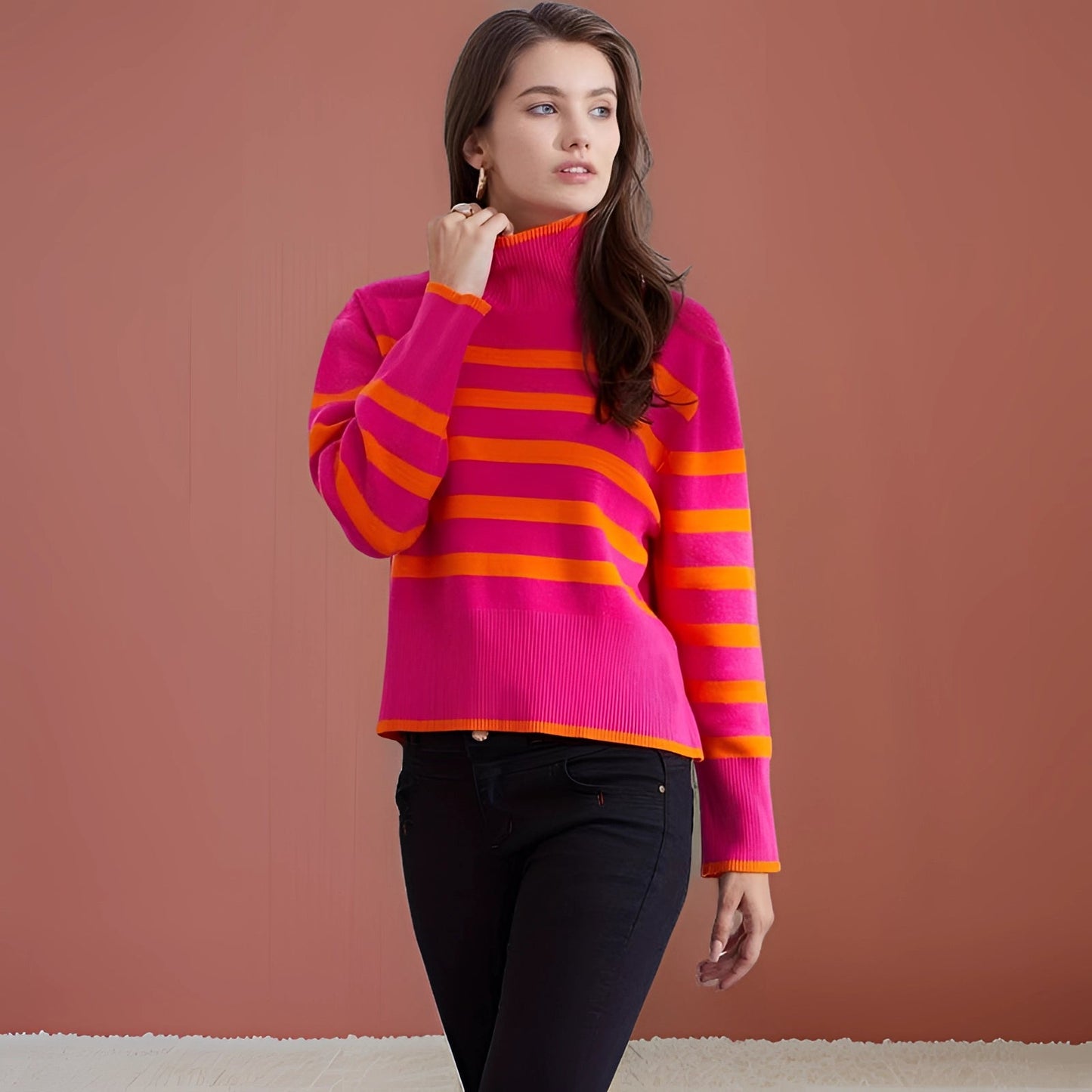 ColorRoll™ | Pink &amp; Orange Turtleneck Sweater | Women's winter fashion