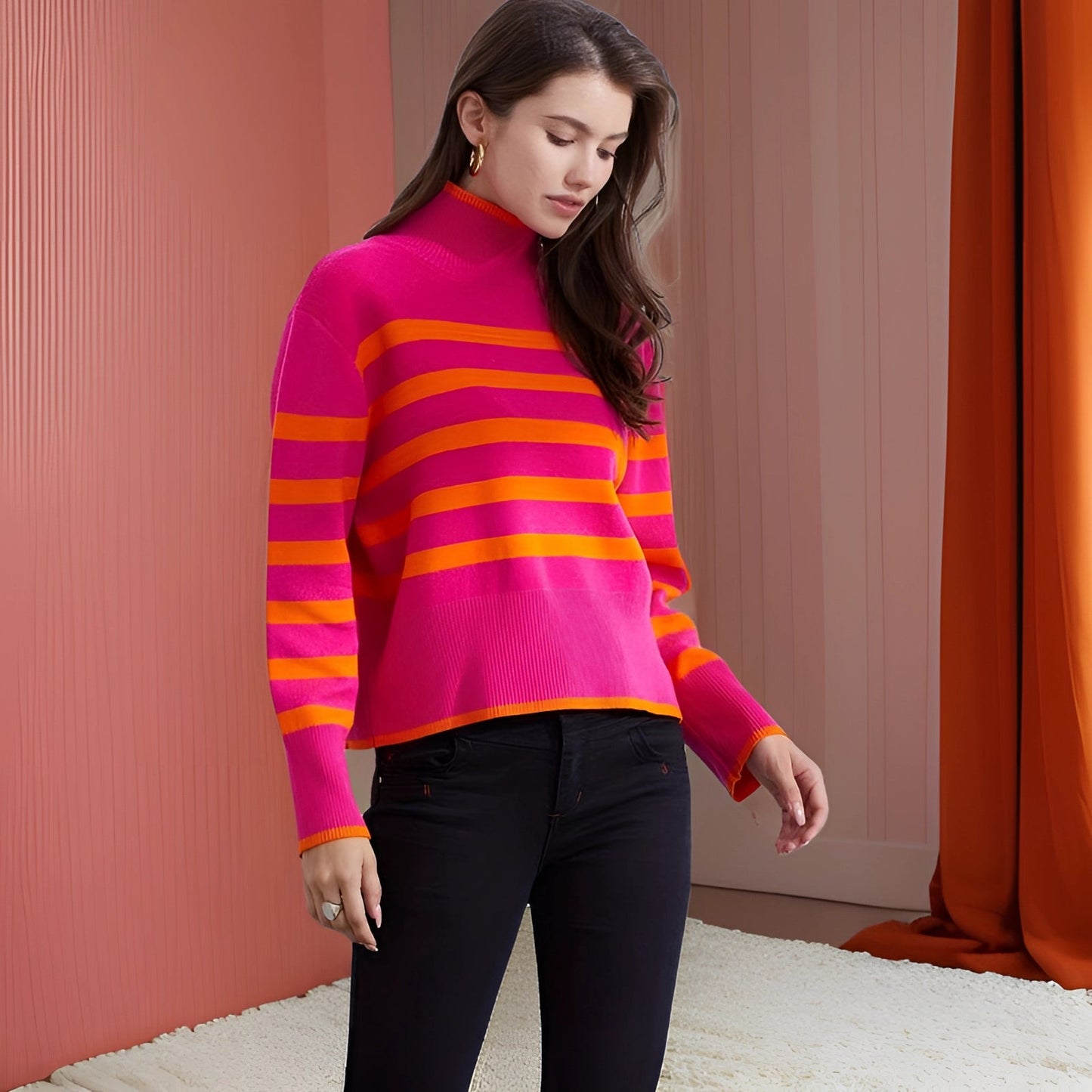ColorRoll™ | Pink &amp; Orange Turtleneck Sweater | Women's winter fashion