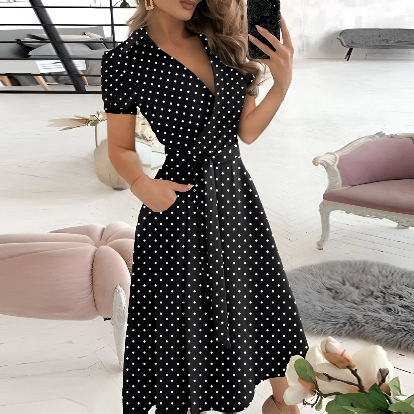 EleganBlack™ - Black off-the-shoulder midi dress with belt, for formal evening wear