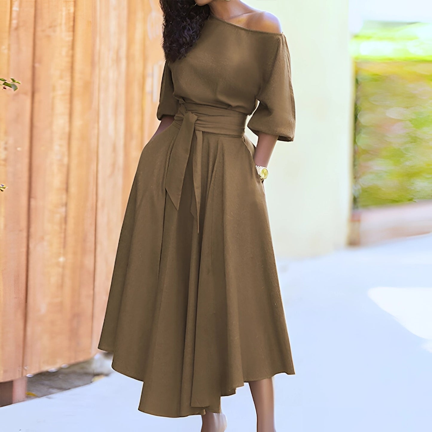 EleganBlack™ - Black off-the-shoulder midi dress with belt, for formal evening wear