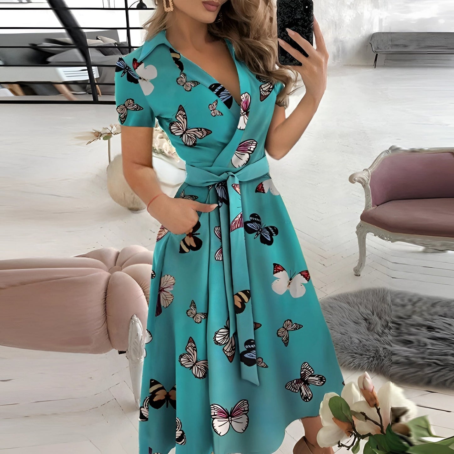 EleganBlack™ - Black off-the-shoulder midi dress with belt, for formal evening wear