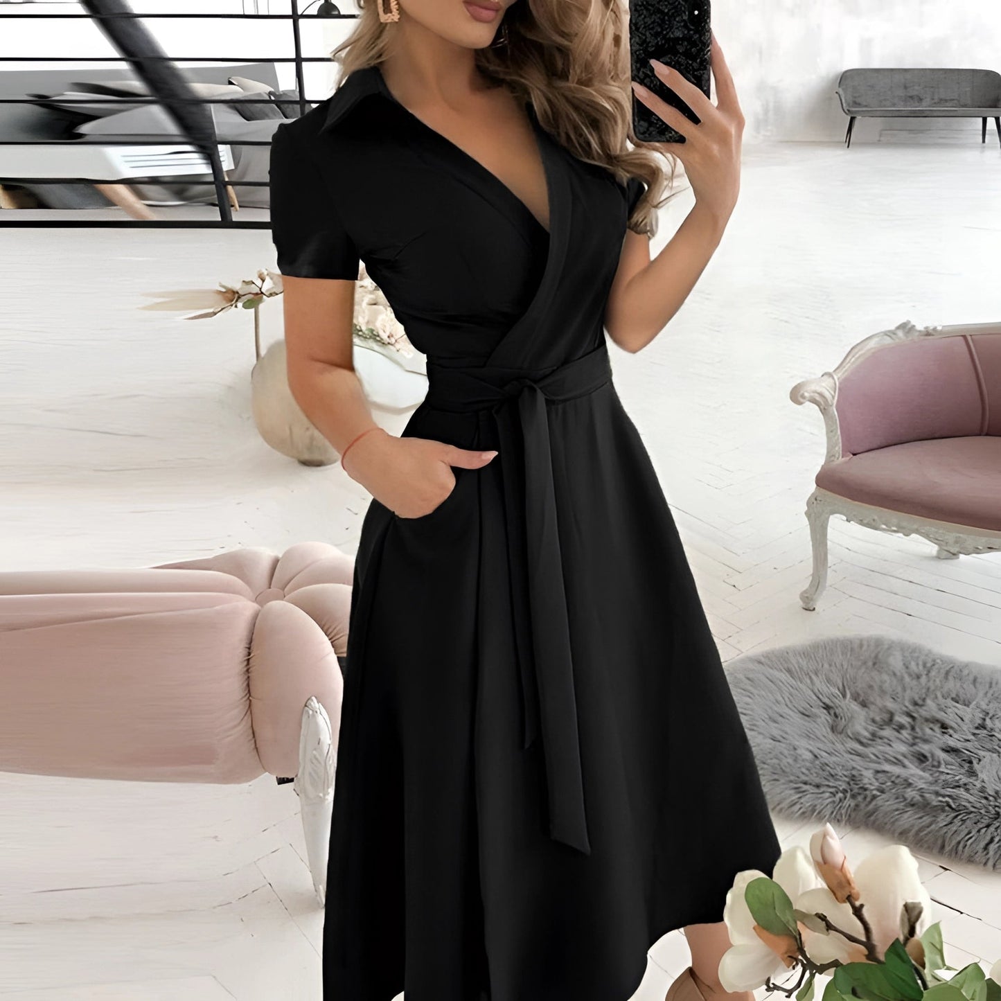 EleganBlack™ - Black off-the-shoulder midi dress with belt, for formal evening wear