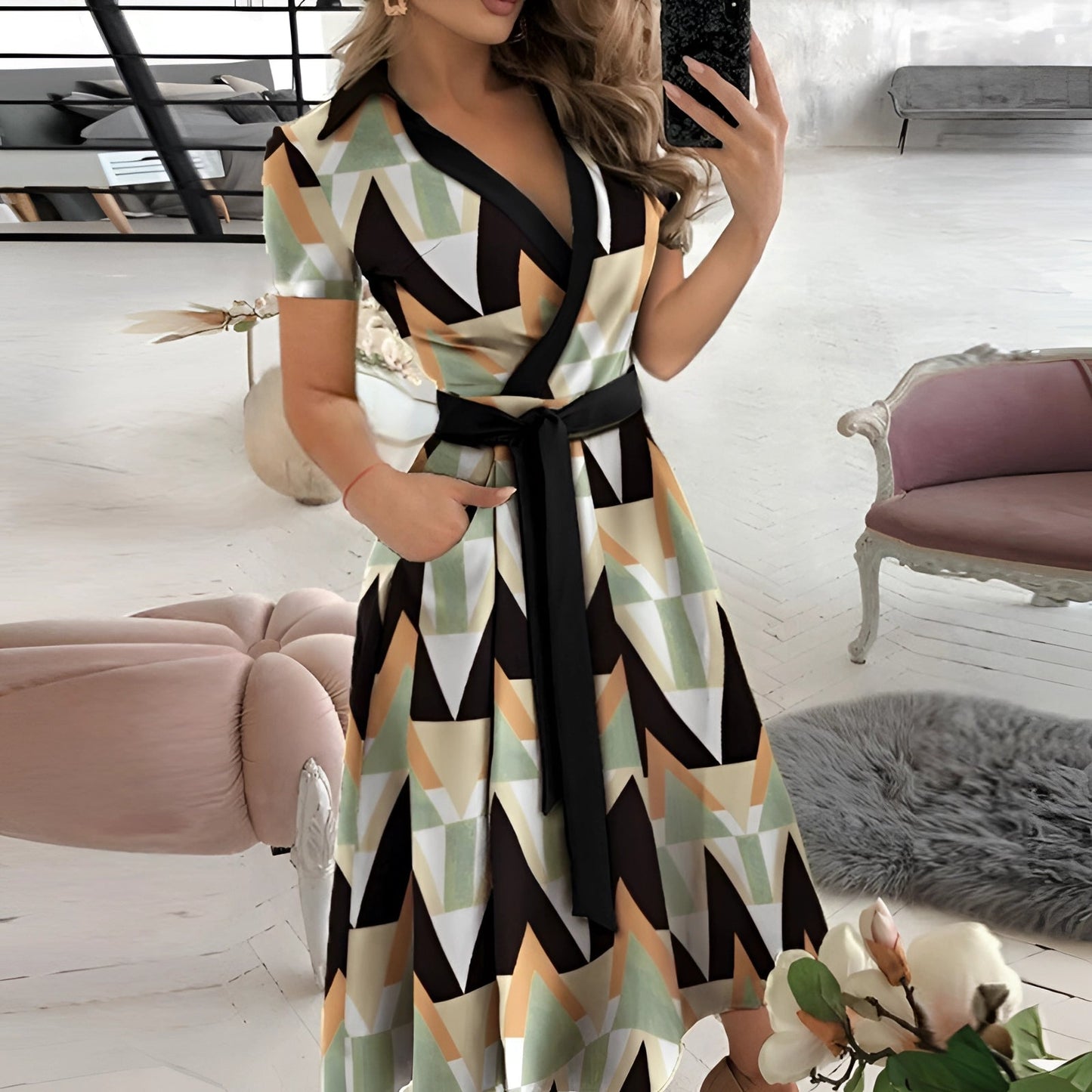 EleganBlack™ - Black off-the-shoulder midi dress with belt, for formal evening wear