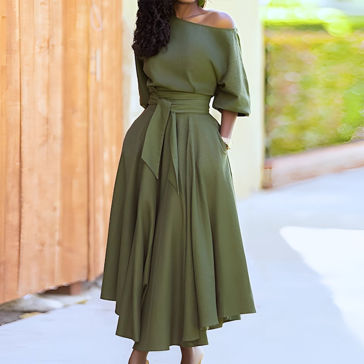 EleganBlack™ - Black off-the-shoulder midi dress with belt, for formal evening wear