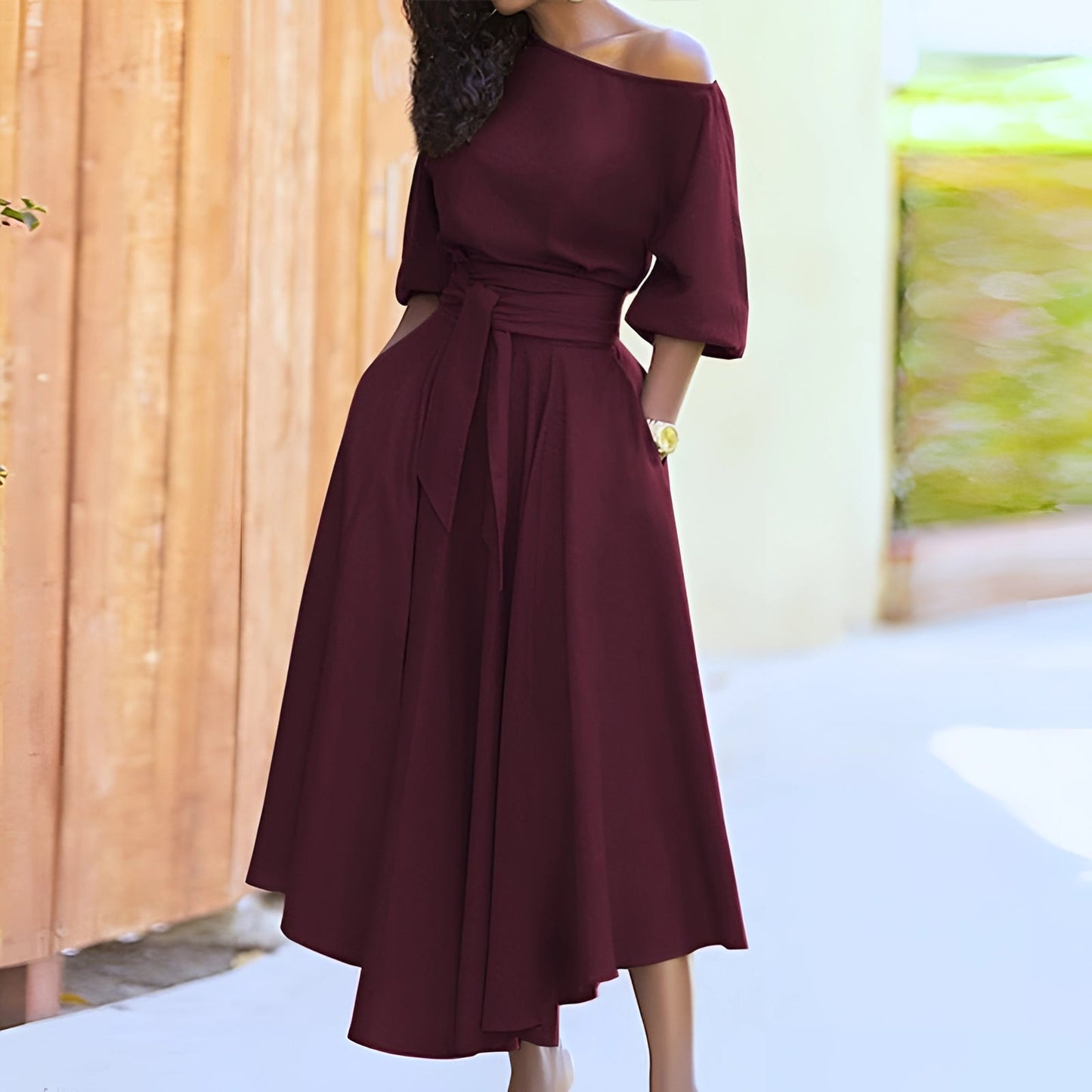 EleganBlack™ - Black off-the-shoulder midi dress with belt, for formal evening wear