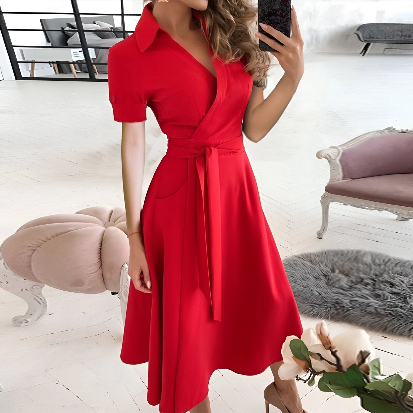 EleganBlack™ - Black off-the-shoulder midi dress with belt, for formal evening wear