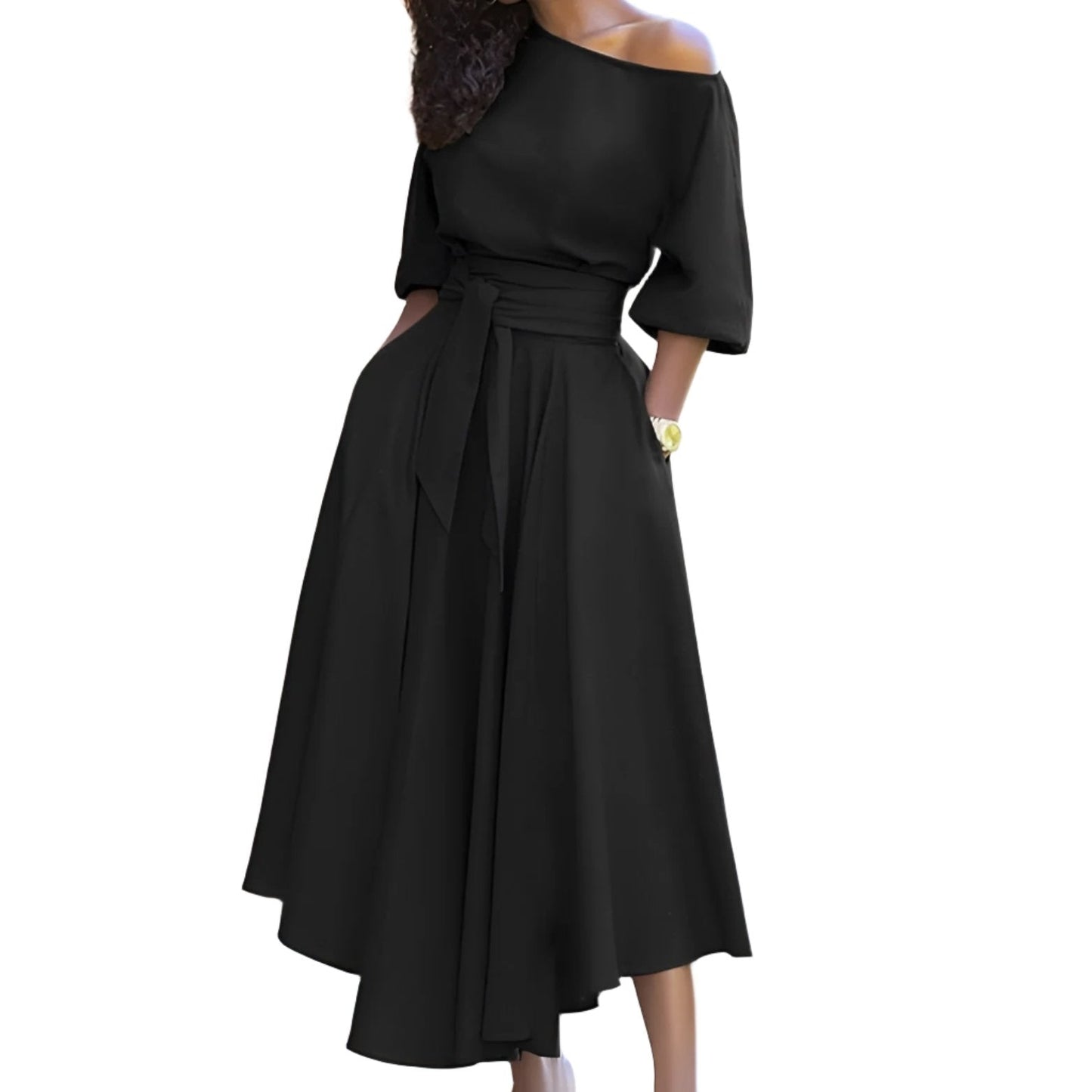 EleganBlack™ - Black off-the-shoulder midi dress with belt, for formal evening wear