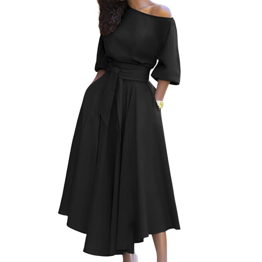 EleganBlack™ - Black off-the-shoulder midi dress with belt, for formal evening wear