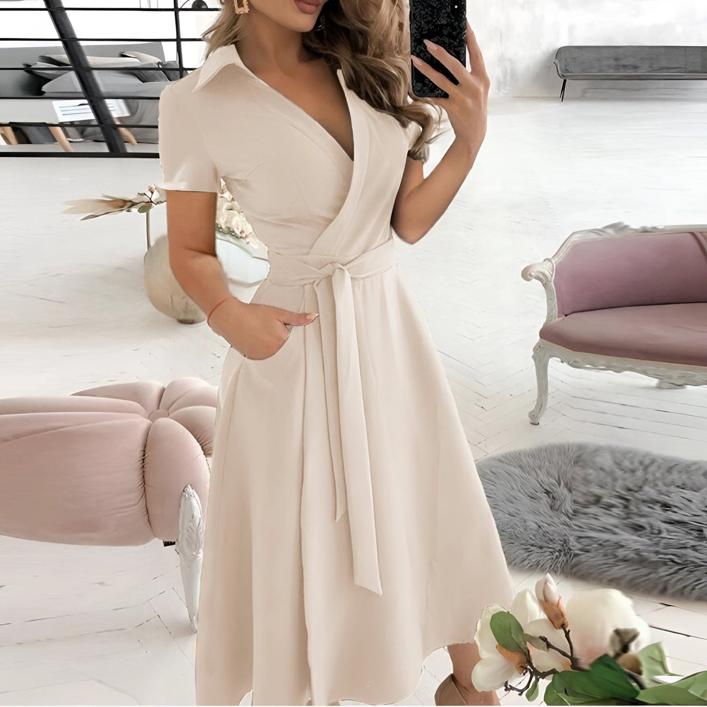 EleganBlack™ - Black off-the-shoulder midi dress with belt, for formal evening wear