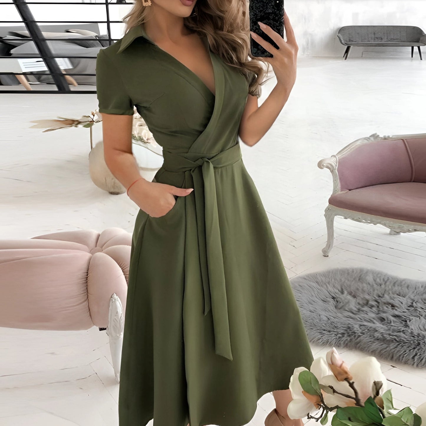 EleganBlack™ - Black off-the-shoulder midi dress with belt, for formal evening wear