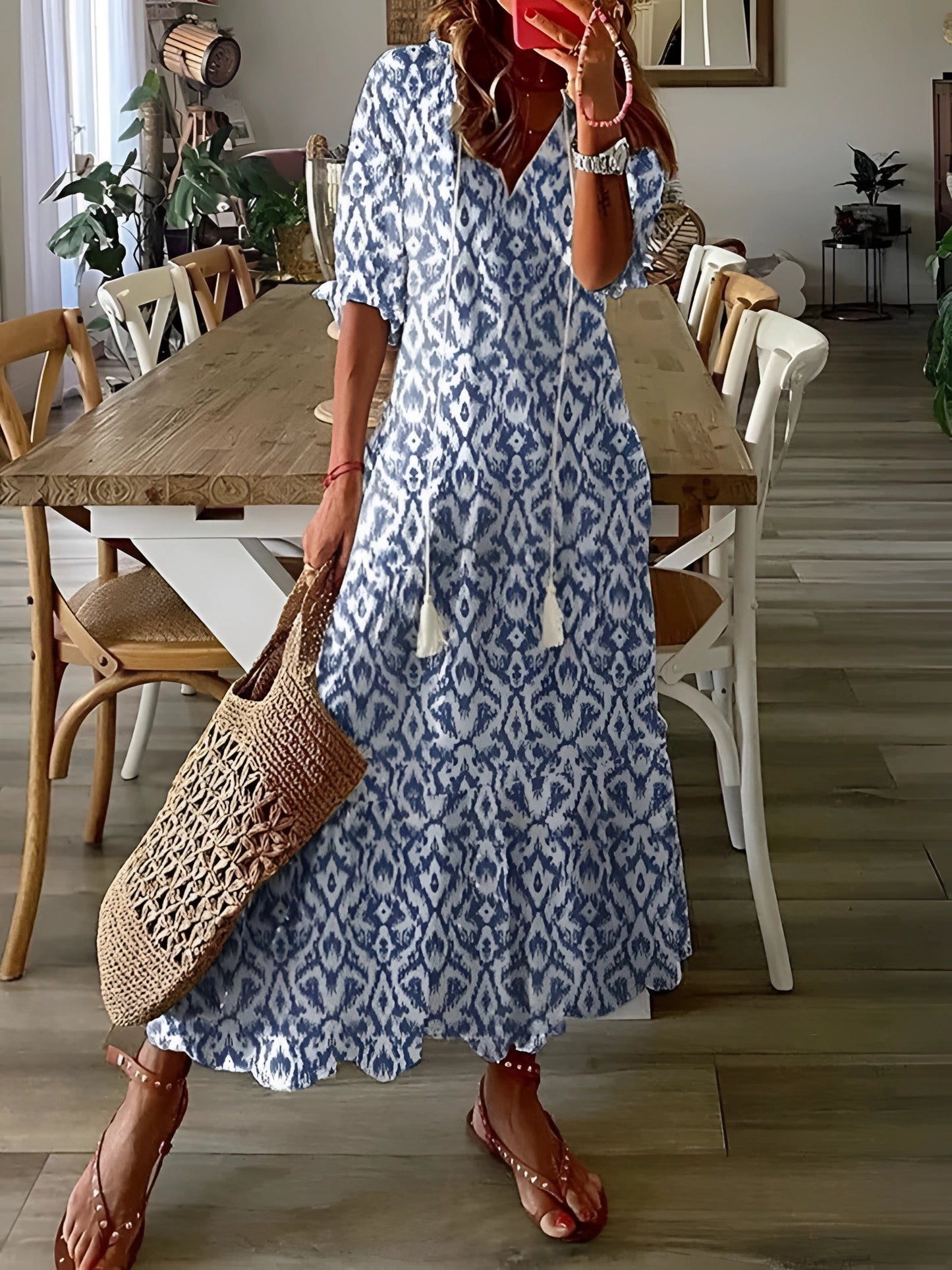 FloraBoho™ | V-neck midi dress – elegant, lightweight summer wear
