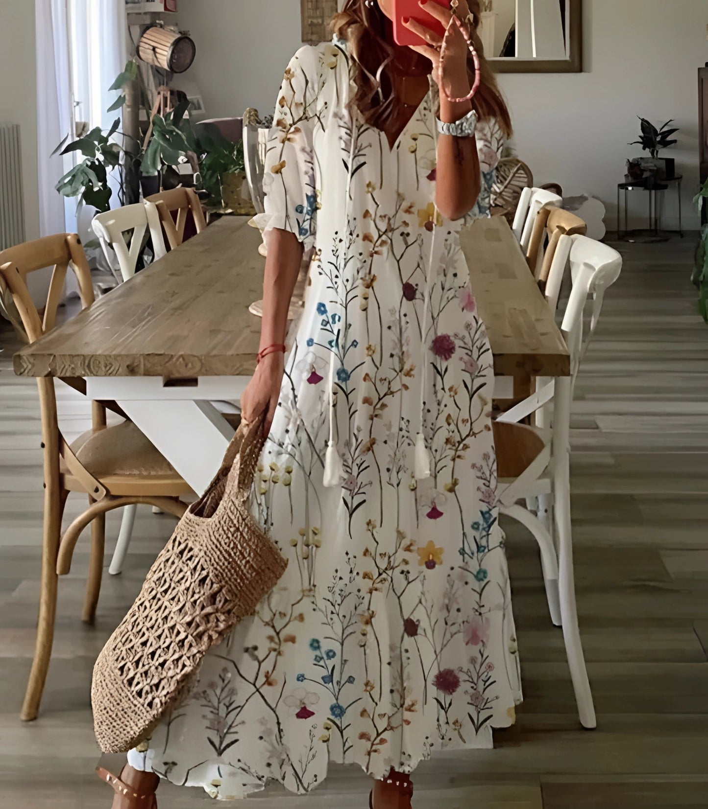 FloraBoho™ | V-neck midi dress – elegant, lightweight summer wear