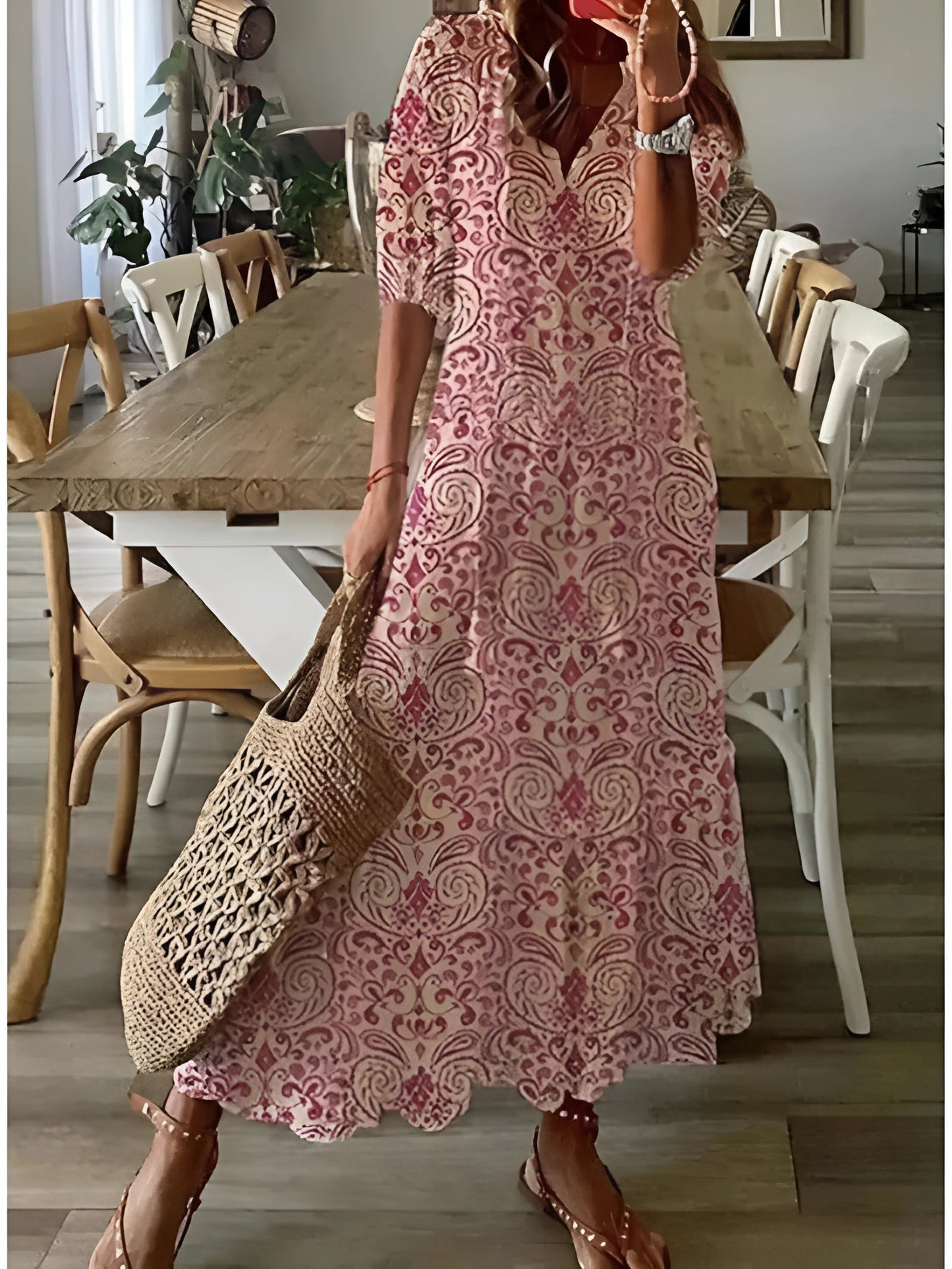 FloraBoho™ | V-neck midi dress – elegant, lightweight summer wear