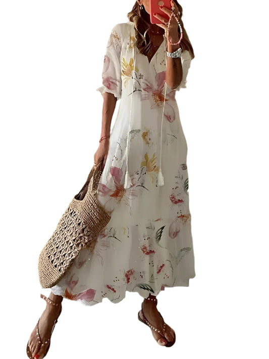 FloraBoho™ | V-neck midi dress – elegant, lightweight summer wear