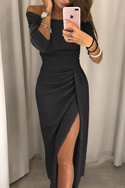 GlitterRose™ | Rose gold long-sleeved party dress with high slit 