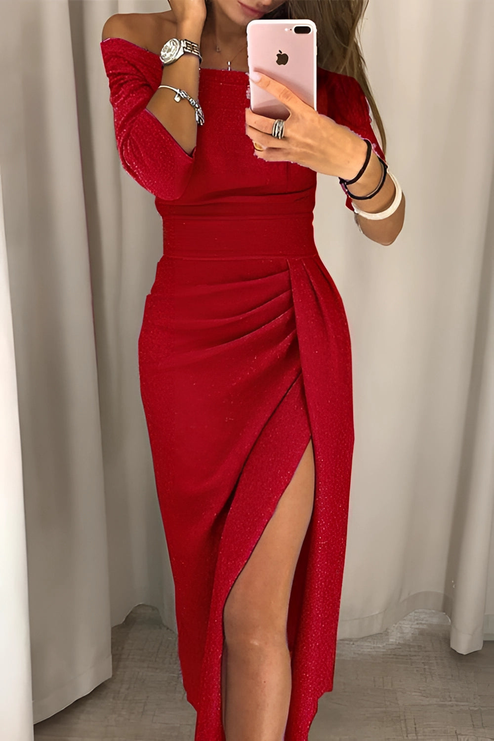 GlitterRose™ | Rose gold long-sleeved party dress with high slit 