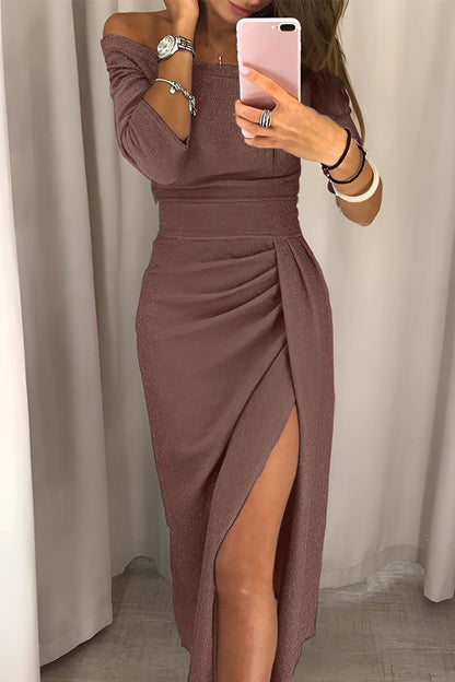 GlitterRose™ | Rose gold long-sleeved party dress with high slit 