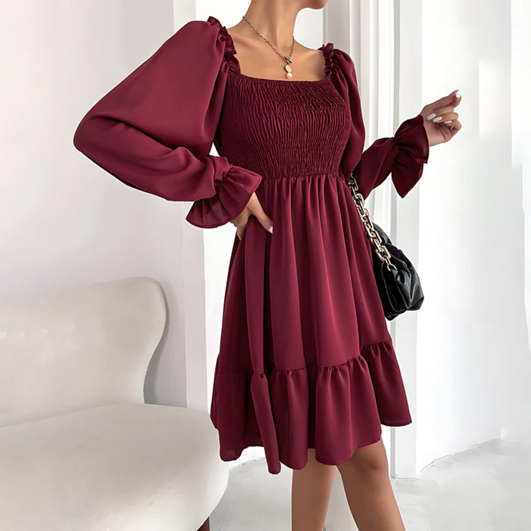 Emmeline™ | Summer mini dress with ruffles – puff sleeves, square neckline &amp; elastic waist 
