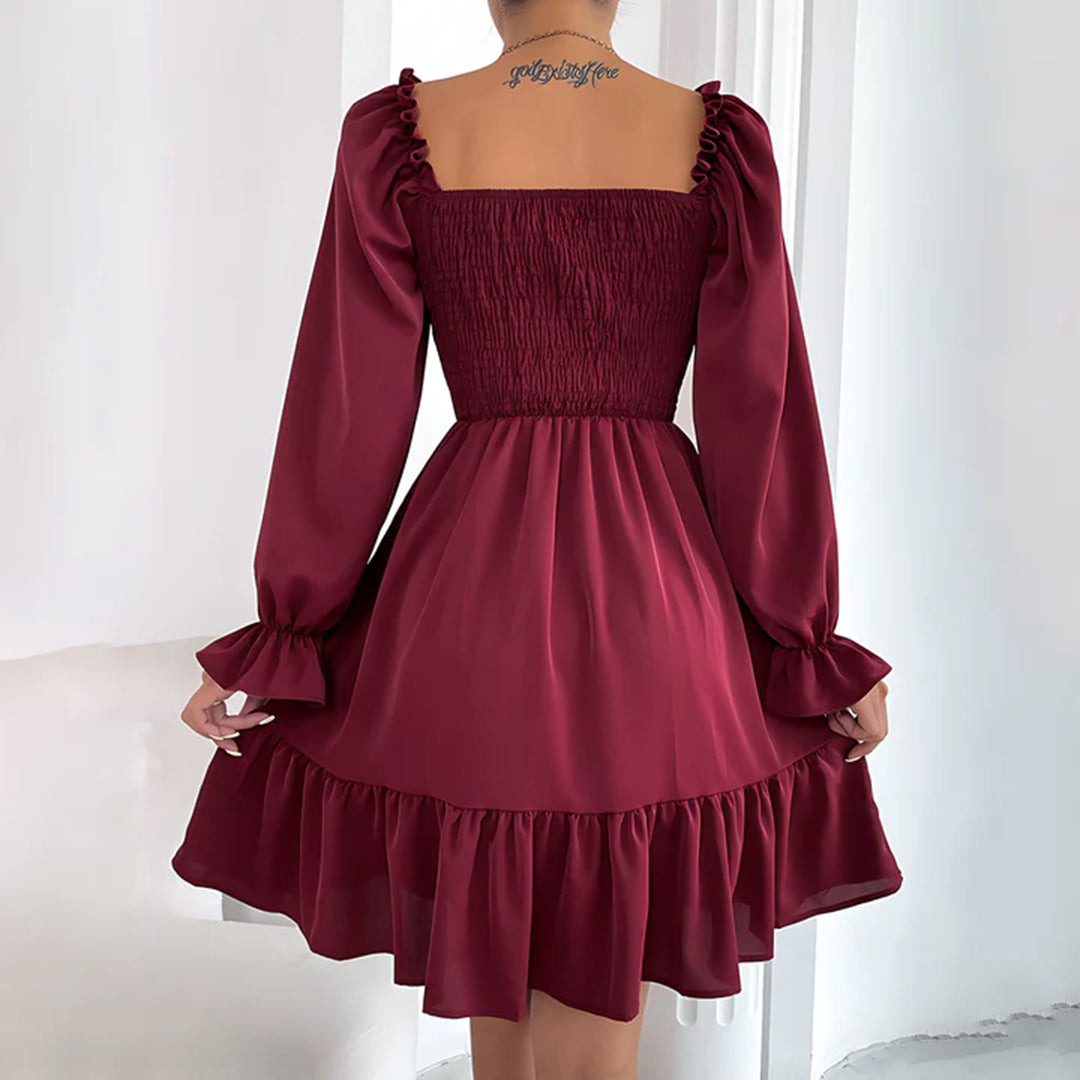 Emmeline™ | Summer mini dress with ruffles – puff sleeves, square neckline &amp; elastic waist 