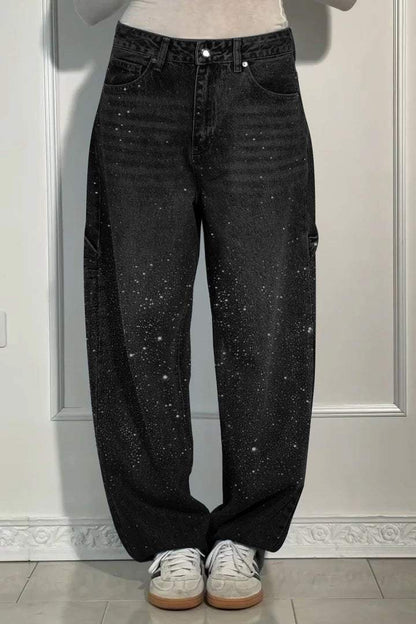 GleamFit™ Women's Rhinestone Harem Jeans | Stylish and comfortable denim pants with sparkling accents 