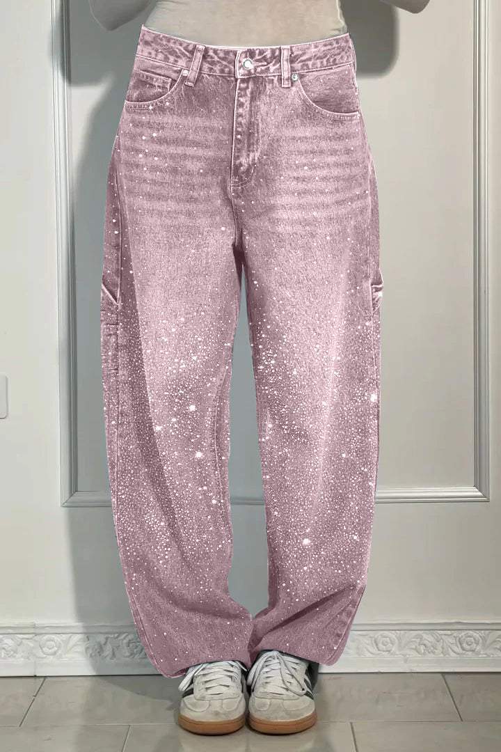 GleamFit™ Women's Rhinestone Harem Jeans | Stylish and comfortable denim pants with sparkling accents 