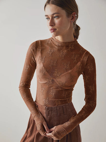 Women's Floral Lace Thumbhole Sheer Tee