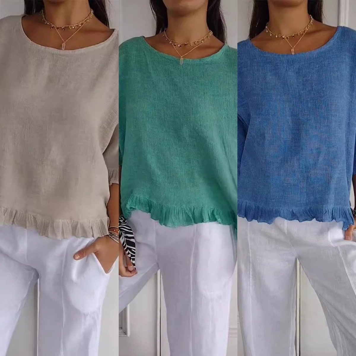 Nuvéa™ | Round neck, gathered hem, medium sleeves, cotton and linen 
