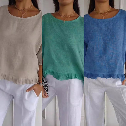 Nuvéa™ | Round neck, gathered hem, medium sleeves, cotton and linen 