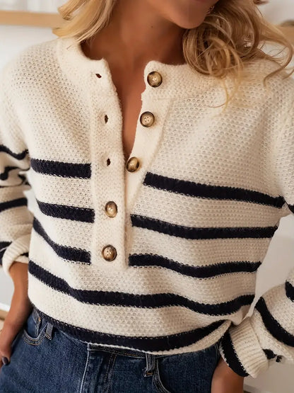 50% off | Dreynara™ - Striped round-neck sweater with button accents