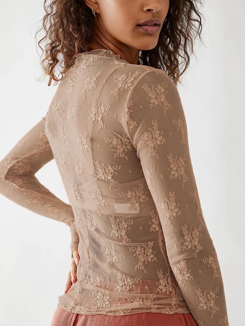 Women's Floral Lace Thumbhole Sheer Tee