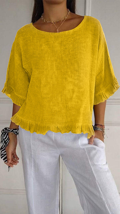 Nuvéa™ | Round neck, gathered hem, medium sleeves, cotton and linen 