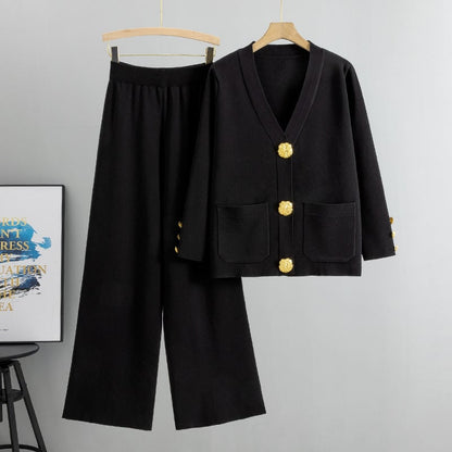 Woolvara™ – Wool sweater with metal buttons &amp; wide-leg pantsuit | Elegant, warm, and stylish two-piece set 