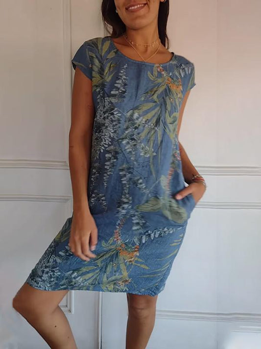 Aldorian™ | Women's round-neck printed cotton and linen dress 