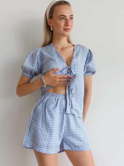 Kim™ | Blouse and Short Set - Checked Blue