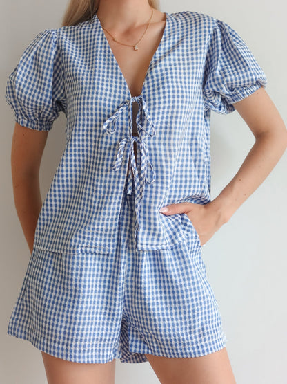 Kim™ | Blouse and Short Set - Checked Blue