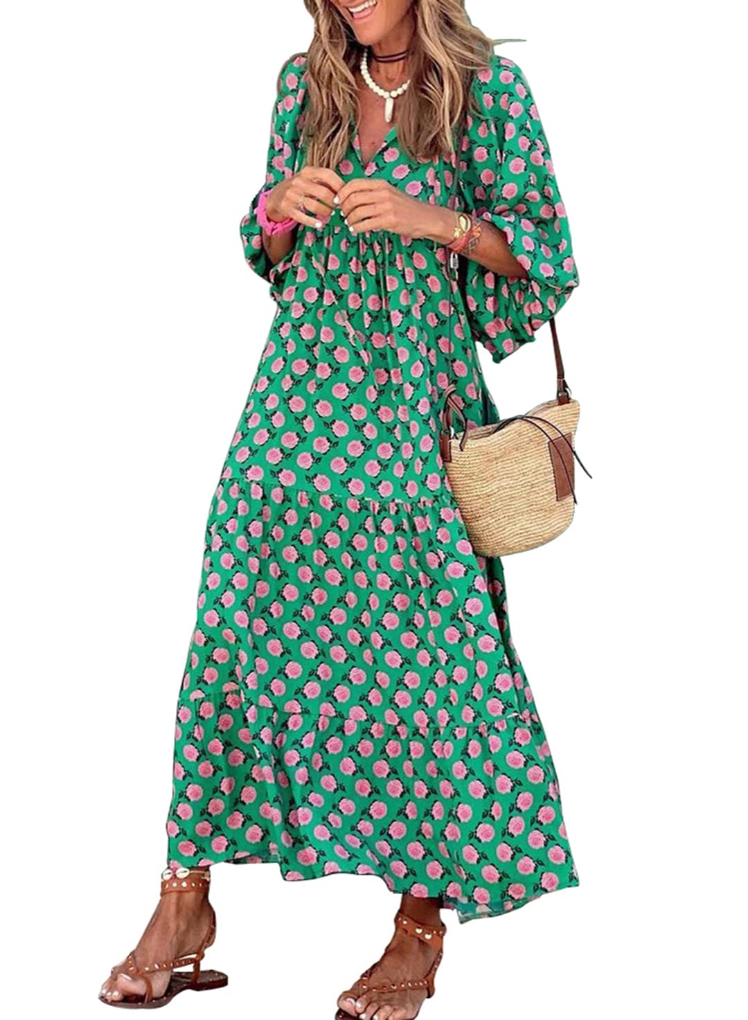 Bohevara™ | Women's Puff Sleeve Geometric Bohemian Maxi Dresses