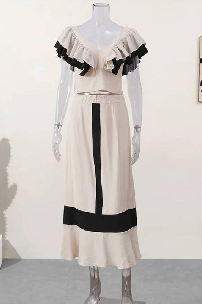 Lara™ | Fashion Colorful V-neck Pleated Lotus Leaf Vacation Two-piece Set 