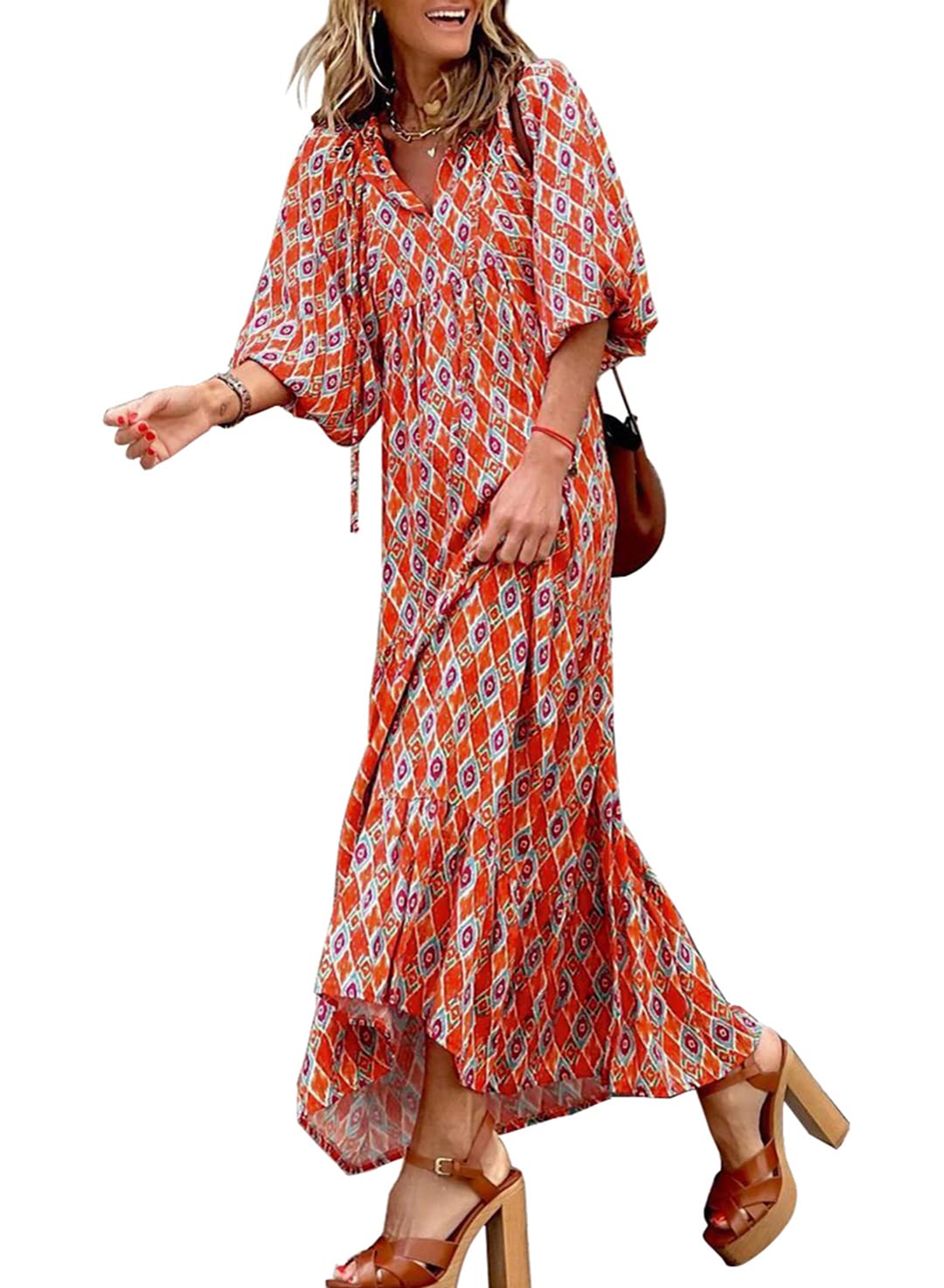 Bohevara™ | Women's Puff Sleeve Geometric Bohemian Maxi Dresses