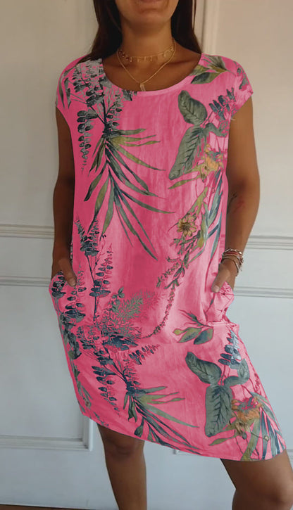 Aldorian™ | Women's round-neck printed cotton and linen dress 