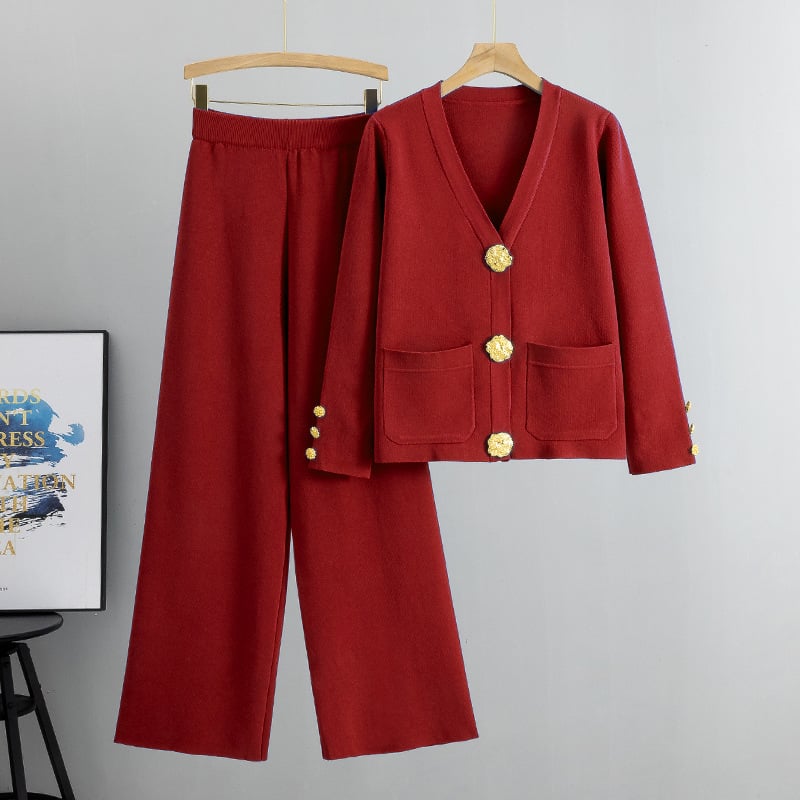 Woolvara™ – Wool sweater with metal buttons &amp; wide-leg pantsuit | Elegant, warm, and stylish two-piece set 