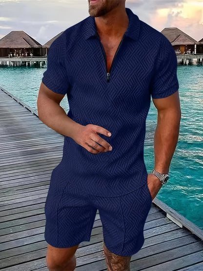 Everard™ – Men's Summer Set with Zip Polo &amp; Shorts in Geo Design 