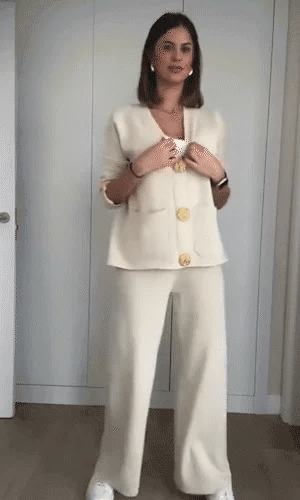 Woolvara™ – Wool sweater with metal buttons &amp; wide-leg pantsuit | Elegant, warm, and stylish two-piece set 