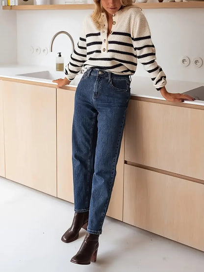 50% off | Dreynara™ - Striped round-neck sweater with button accents