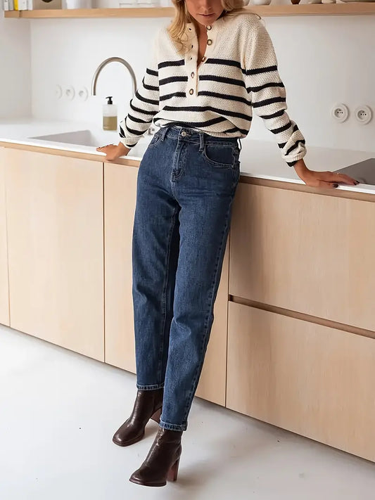 50% off | Dreynara™ - Striped round-neck sweater with button accents