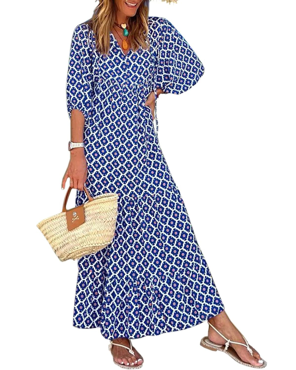 Bohevara™ | Women's Puff Sleeve Geometric Bohemian Maxi Dresses