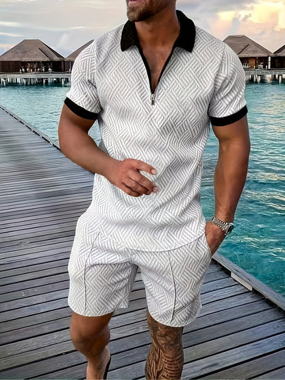 Everard™ – Men's Summer Set with Zip Polo &amp; Shorts in Geo Design 