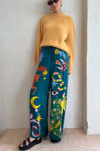 LinoFit™ – Unique Print Elastic Waistband with Pockets Wide Leg Pants