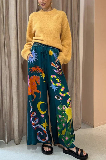 LinoFit™ – Unique Print Elastic Waistband with Pockets Wide Leg Pants
