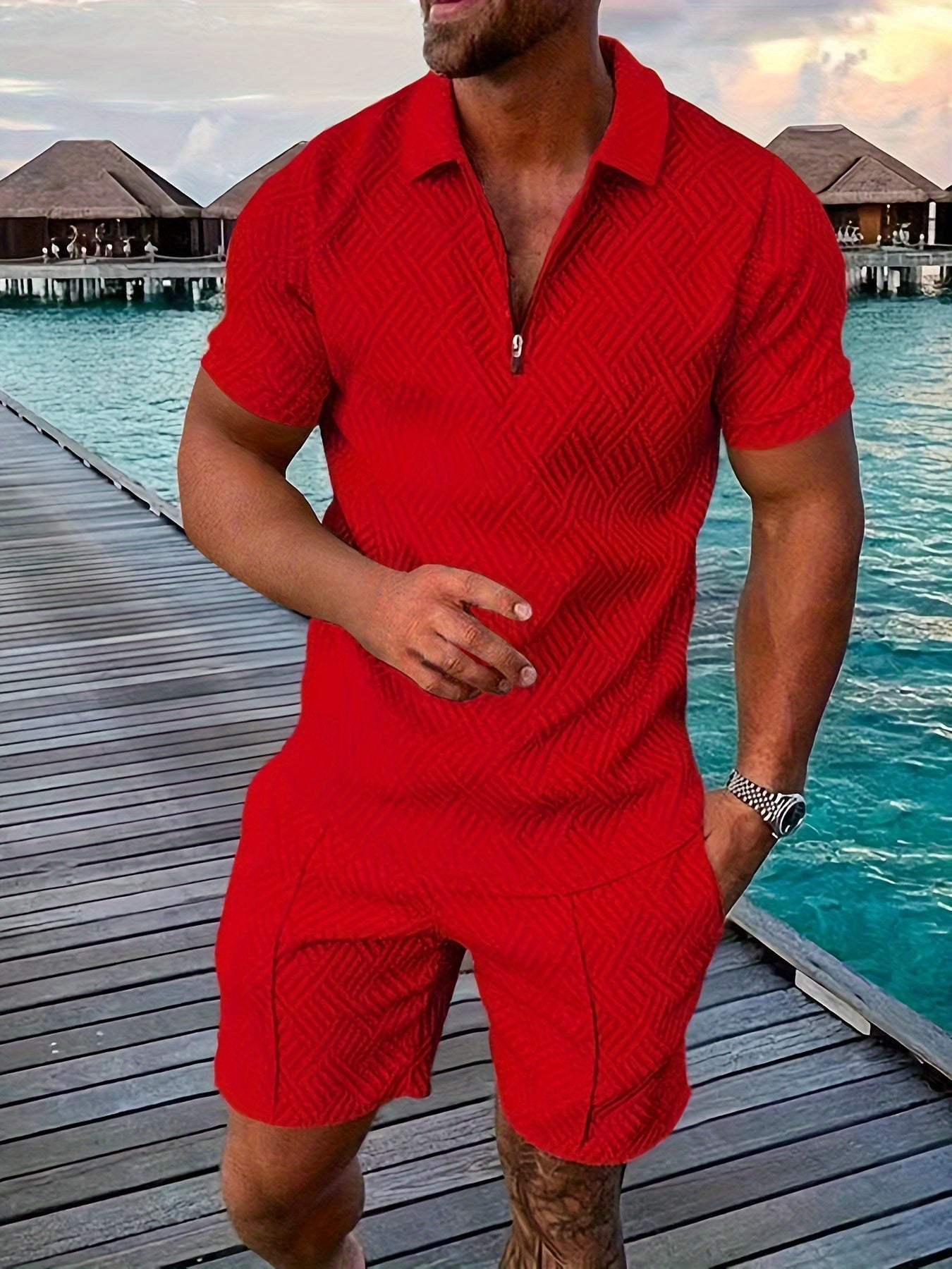 Everard™ – Men's Summer Set with Zip Polo &amp; Shorts in Geo Design 