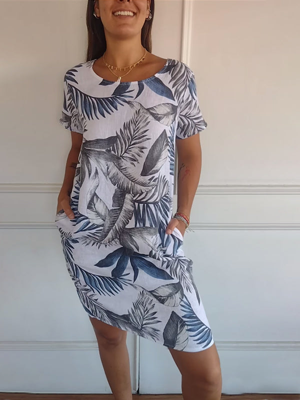 Aldorian™ | Women's round-neck printed cotton and linen dress 